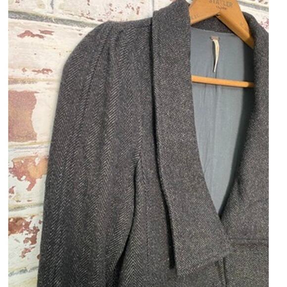 Free People Charcoal Gray Herringbone Gathered Puff Shoulder Wool Blend Jacket - Picture 8 of 16